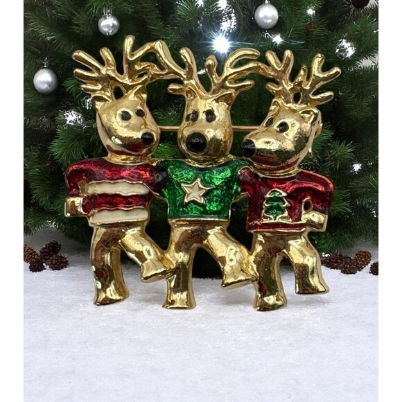 Dancing Reindeer Trio Christmas Brooch Gold Tone Pin Red Green Enamel Sweaters - Picture 1 of 6